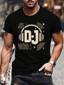 Camiseta gráfica de talla grande para hombre con diseño de auriculares de DJ - Camiseta de cuello redondo de poliéster, patrón geométrico, ligero estiramiento, estilo casual, ajuste regular, top de manga corta de tejido de punto para verano - Ropa casual para adultos - Negro - Ver 6