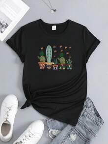 2026A Cute Cactus Print T-Shirt For Summer, A Casual Short-Sleeved Top For Spring And Summer Sports, Women'S Clothing  Addio Al Nubilato - Black - View 3