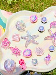 20 piezas de adornos desmontables para zapatos DIY de color rosa con cadena de lentejuelas, estrella de mar, concha, ondas de agua, estrella, adecuados para zuecos - Tortuga rosa - Ver 7