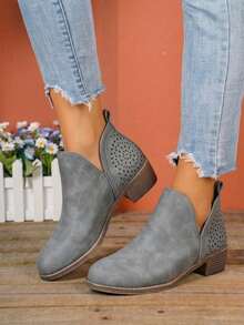 Low Heel Western Ankle Boots – Cutout Perforated Short Booties For Women - 灰色 - 查看 2