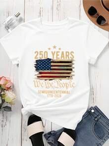 Women Casual T Shirt White Short Sleeve We The People 250 Years American Flag Print Semiquincentennial 1776 2026 Design - 白色 - 查看 2