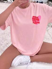 2026 Fashion ,1PC,Vintage More Amor Por Favor Checkered Heart Loose-Fit Women's-Shirt, Summer Beach Vacation Style Aesthetic Double-Sided Print Short- - 粉色 - 查看 3