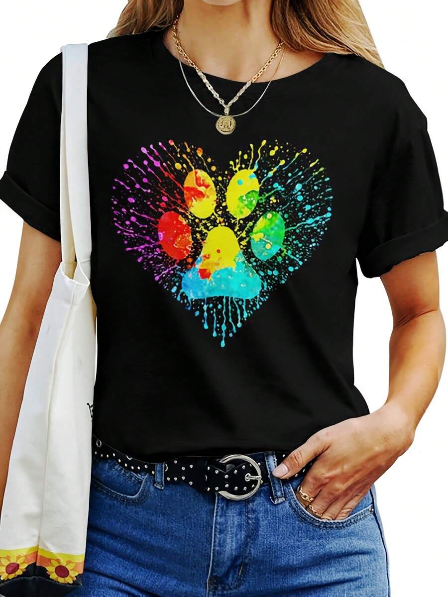 Talla Grande - Talla Grande - Camiseta Negra de Talla Grande para Mujer con Diseño de Huella de Pata de Corazón Colorido Ajuste Holgado Cuello Redondo Manga Corta Top Casual Regalo del Día de la Madre para Amantes de los Perros Dueños de Mascotas Atuendo Casual Ocasiones Especiales Todas las Tallas Camiseta del Día de la Madre para Mujer