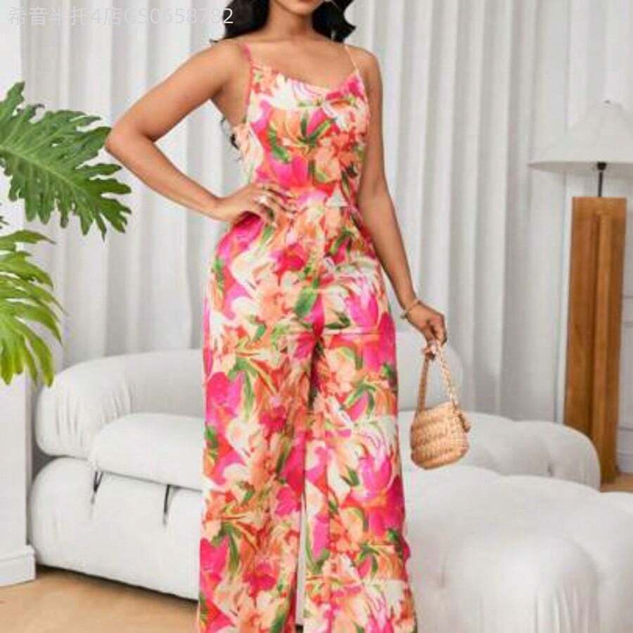 Fengyu Women's Clothing Store Mono de verano estampado con flores sin mangas para vacaciones de mujer - Multicolor - Ver 1