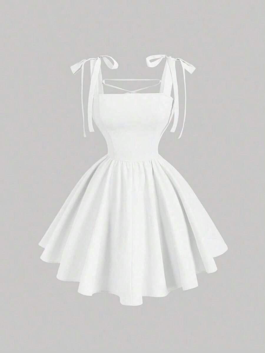 fsvsSHEIN MOD Vestido romántico y soñador con lazo en la espalda en color azul claro, adecuado para citas, fiestas, vacaciones, fiestas del té y ocasiones de cumpleañossdvs THMW - Blanco - Ver 1