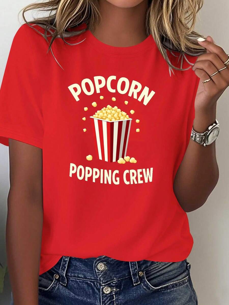 Comfortable Solid Color Women's T-Shirt With Popcorn Worker Design - Red - View 1