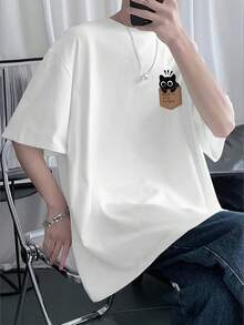 100% Cotton. Minimalist. 1pac Men's 100% Polyester Black Cat Print T-Shirt, Casual Short-Sleeved Crew Neck T-Shirt, Suitable For Summer Outdoor Wear, Loose Fit And Breathable Fabric. Vintage Summer T-Shirt. - White - View 4