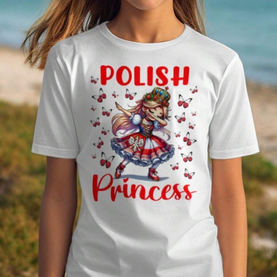 1Pc/Polish Princess Dabbing T-Shirt: Cute Cultural Kids Tee, Poland Pride Outfit For Girls, Youth Clothing, 10 Year Old Girl's Clothing Set, Boy's Spring Costume, Spring Outfit For Boy, 10 Year Old Boy's Clothing - 白色 - 查看 1