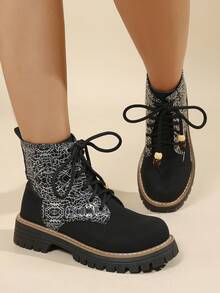 New Women's Thick Sole Ankle Boots, Black Versatile Motorcycle Boots, Fashion Flat Round Toe Lace-Up Boots For Autumn/Winter - Black - View 5