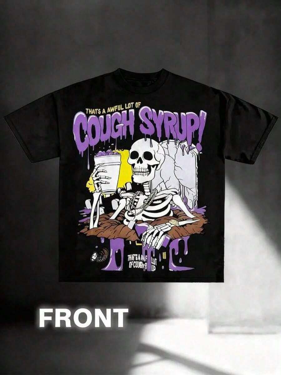 Printed Cotton T-Shirt, Plus Size, Men's Clothing, Retro Y2K 100% Cotton T-Shirt For Men - Casual Thick Short Sleeve T-Shirt For Winter And Autumn With Cough Syrup Print, Iconic 2000s Rubber Look Graphic, Machine Washable Crew Neck T-Shirt For Everyday Wear And Nostalgic Outfits, Y2K, Men's Oversize T-Shirt S-5XL, Summer Tops. - 粉色 - 查看 1