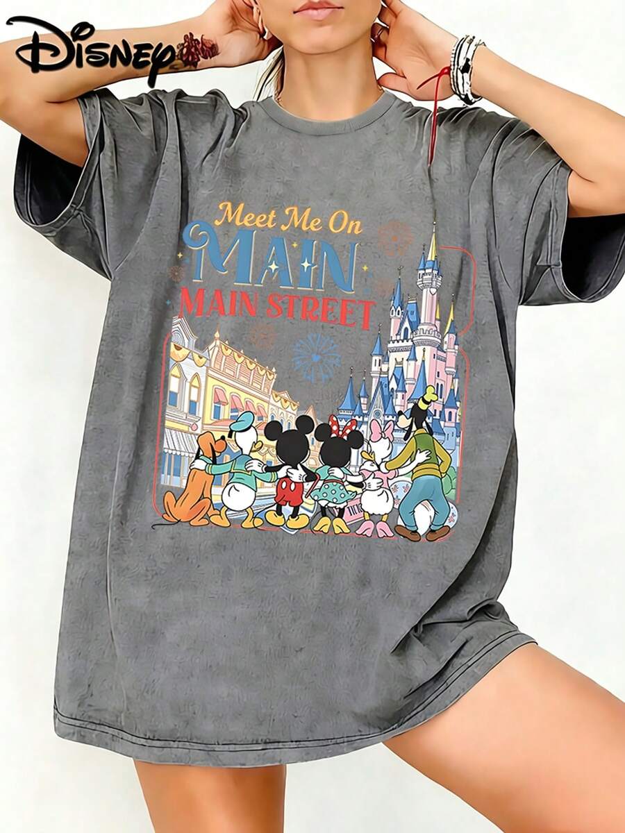 Disney Meet Me On Main Street Mickey Friends Back View Graphic Washed Unisex TShirt, 100% Cotton Oversized Vintage Short Sleeve Tee, Classic Park Nostalgia Themed Casual Top - Xám - Xem 1