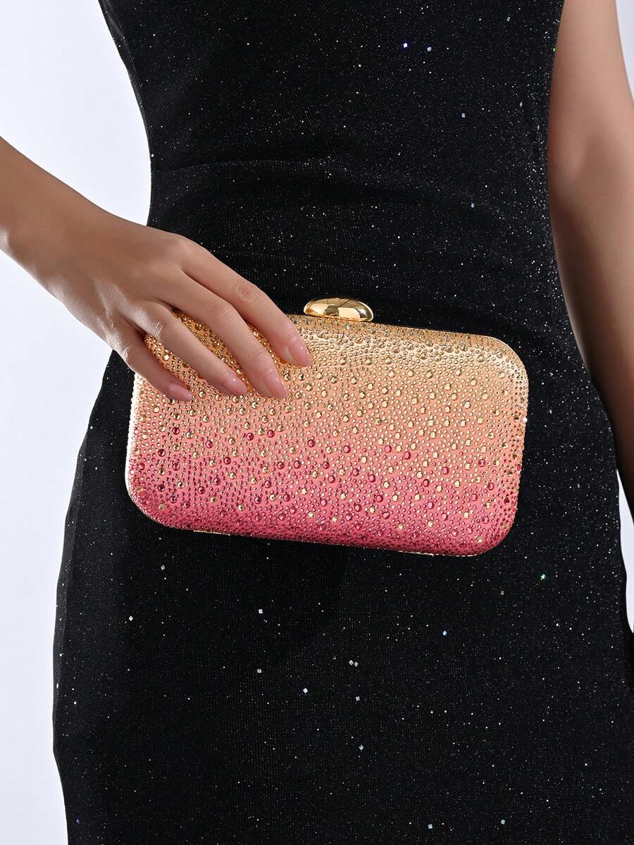 Bolso de noche con carcasa dura y brillo degradado con pedrería, adecuado para bodas, bailes de graduación, banquetes, fiestas de cóctel y celebraciones festivas, elegante para fiestas - Rosa - Ver 1