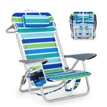 1 Unidad Silla de Playa Reclinable 5 Posiciones, Ligera y Portátil con Diseño Mochila, Asiento Bajo, Estructura de Malla Elástica, Forma Plana, con Portavasos, Soporte para Toalla, Bolsillo para Móvil - Azul y verde - Ver 1