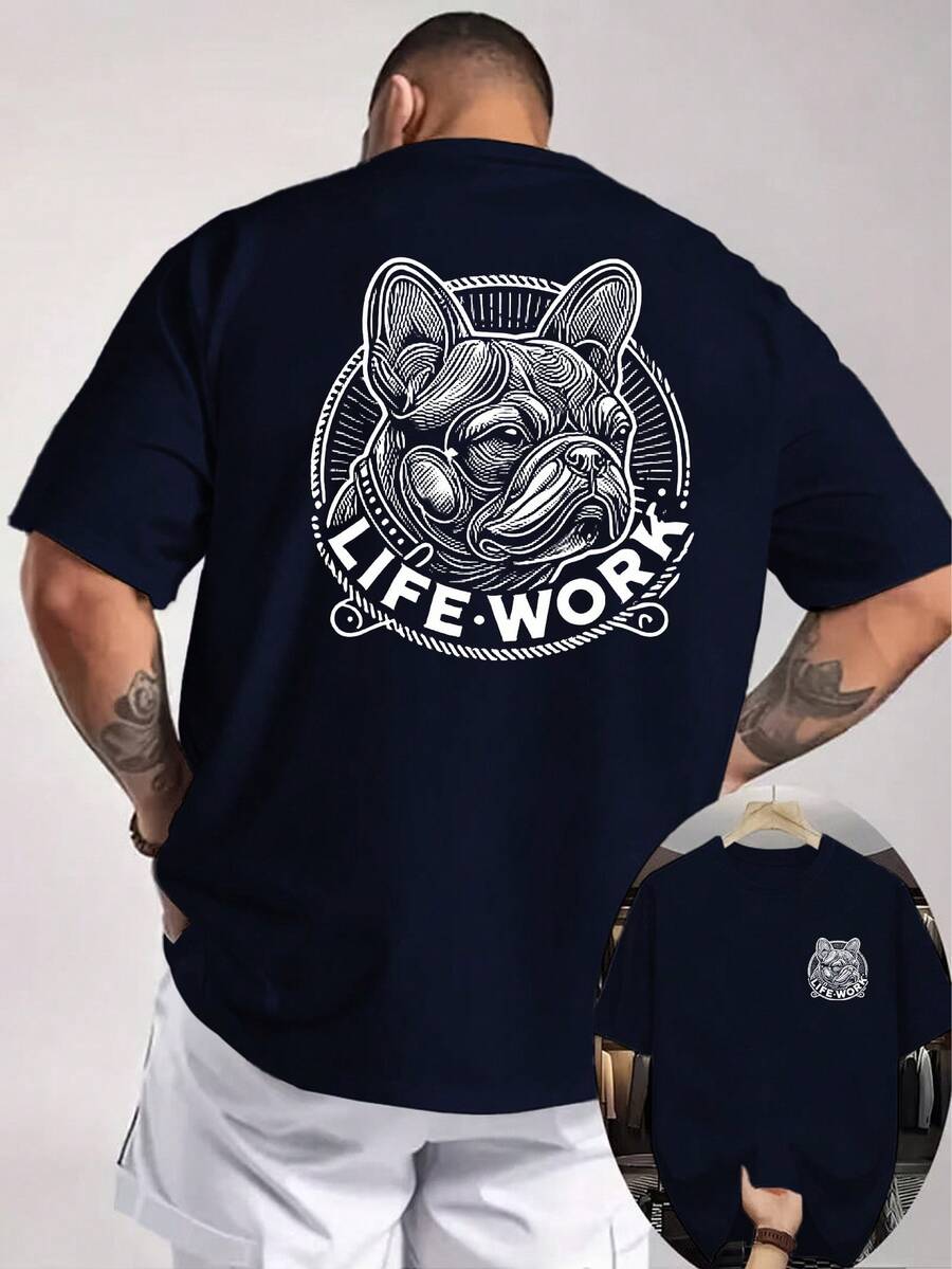 Camiseta Vintage de Bulldog Francés para Hombre - Estampado Grande en la Espalda y Logotipo en el Pecho, Ideal para Amantes de Mascotas, Camiseta Casual de Manga Corta con Cuello Redondo, Lavable a Máquina, Ropa de Verano para Gimnasio y Uso Diario, Ropa para Bulldog Francés - Negro - Ver 1