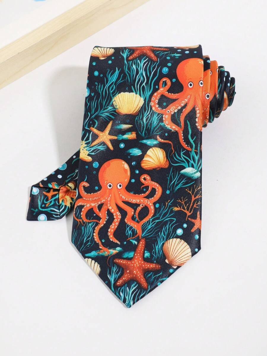 1 pieza Corbata de hombre con estampado de dibujos animados de pulpo, estrella de mar y concha, adecuada para salidas, fiestas, reuniones y vacaciones - Multicolor - Ver 1