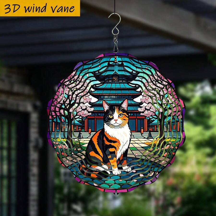 3D 1件裝，三花貓坐在櫻花寺前，「25.5cm/10in*25.5cm/10in 附旋轉掛鉤，360°DIY創意風轉輪」四季創意風格風轉輪套組，風力驅動旋轉，安裝簡單，適合聖誕節、萬聖節及各種節日禮品場景