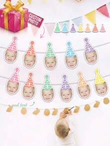 6/12/18pcs Customized Baby Photo First Year Banner, Monthly Milestone Banner, Macaron Color/Polka Dot/Striped Party Hat Design, 1st Birthday Photo Banner, Personalized Milestone Hanging Decor, Happy Birthday Photo Banner, Baby Growth Keepsake - Multicolor - View 5