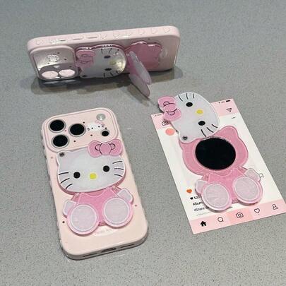  [Thương hiệu Sanrio] Ốp điện thoại silicon mềm bán chạy mới, 1 chiếc, màu hồng kiểu Ins, hình mèo con ngồi với nơ, có gương, chân đế, Hello Kitty Star, ốp điện thoại silicon chống nước, chống sốc hình nhân vật Sanrio, dễ thương và thời trang, tương thích với Apple dòng 17, 11/12/12pro, 13/14/15, 13pro/14pro/15pro, 12pro Max/13pro Max/14pro Max/15pro Max, 16, 16pro, 16pro Max, 17, 17pro, 17pro Max, món quà tuyệt vời cho Ramadan, Ngày Valentine, Ngày của Mẹ.