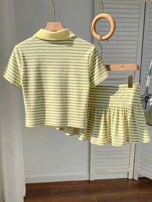 Conjunto de 2 piezas de camiseta de manga corta a rayas y minifalda casual de verano para mujer - Multicolor 4 - Ver 2