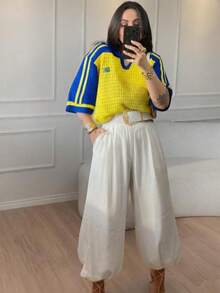 Women's Brazilian Openwork Knit Shirt With Retro Style Polo Neck - Amarillo - Azul - Ver 2