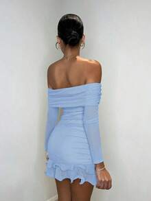 MEXSHEIN  Vestido mini elegante y dulce de manga larga con hombros abiertos, tejido de malla de unicolor, con volantes exagerados en el bajo, adecuado para reuniones de té por la tarde, salidas de moda, citas, salidas dulces, salidas nocturnas, fiestas navideñas, Noche Vieja, atuendos de mujer para vacaciones, vestidos de manga larga, atuendos sexys de mujer, atuendos de mujer para clubes, vestidos mini de manga largaMEX SSZD - Rojo violeta - Ver 7