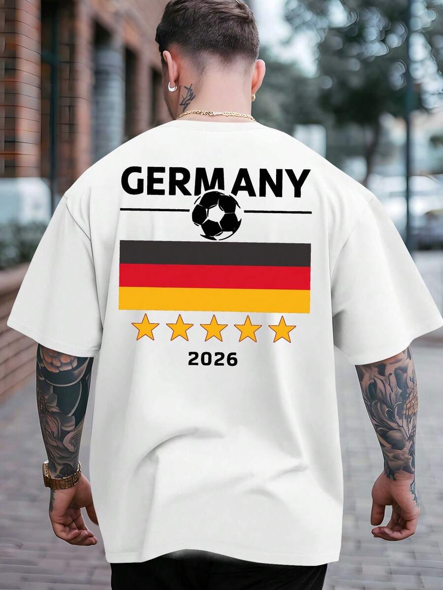 Men's German 2026 Printed T-Shirt - Loose Fit, Short Sleeve With Football And Flag Design, Breathable Crew Neck, Casual Summer Sportswear, Football Fan Clothing, Flag Print Clothing, Comfortable Fit, Plus Sizes - 白色 - 查看 1