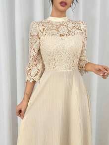 Vestido largo de manga larga con parches de bordado de ojal amarillo para mujeres - Albaricoque - Ver 8