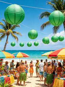 5pcs/Set Hawaiian Summer Beach Party Paper Lantern Set, Tropical Leaf Print Hanging Paper Lantern Decoration, Green Series Round Lanterns, Suitable For Luau Party, Tiki Beach Wedding, Backyard BBQ, Pool Party, Birthday, Indoor/Outdoor Hawaiian Theme Summer Decoration - Multicolor - View 5