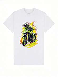 Soft And Casual Summer T-Shirt For Boys, Short-Sleeved And Crew Neck, With Off-Road Motorcycle Graphic Print; Ideal For Everyday Wear, Sports And Urban Style. White - 白色 - 查看 2