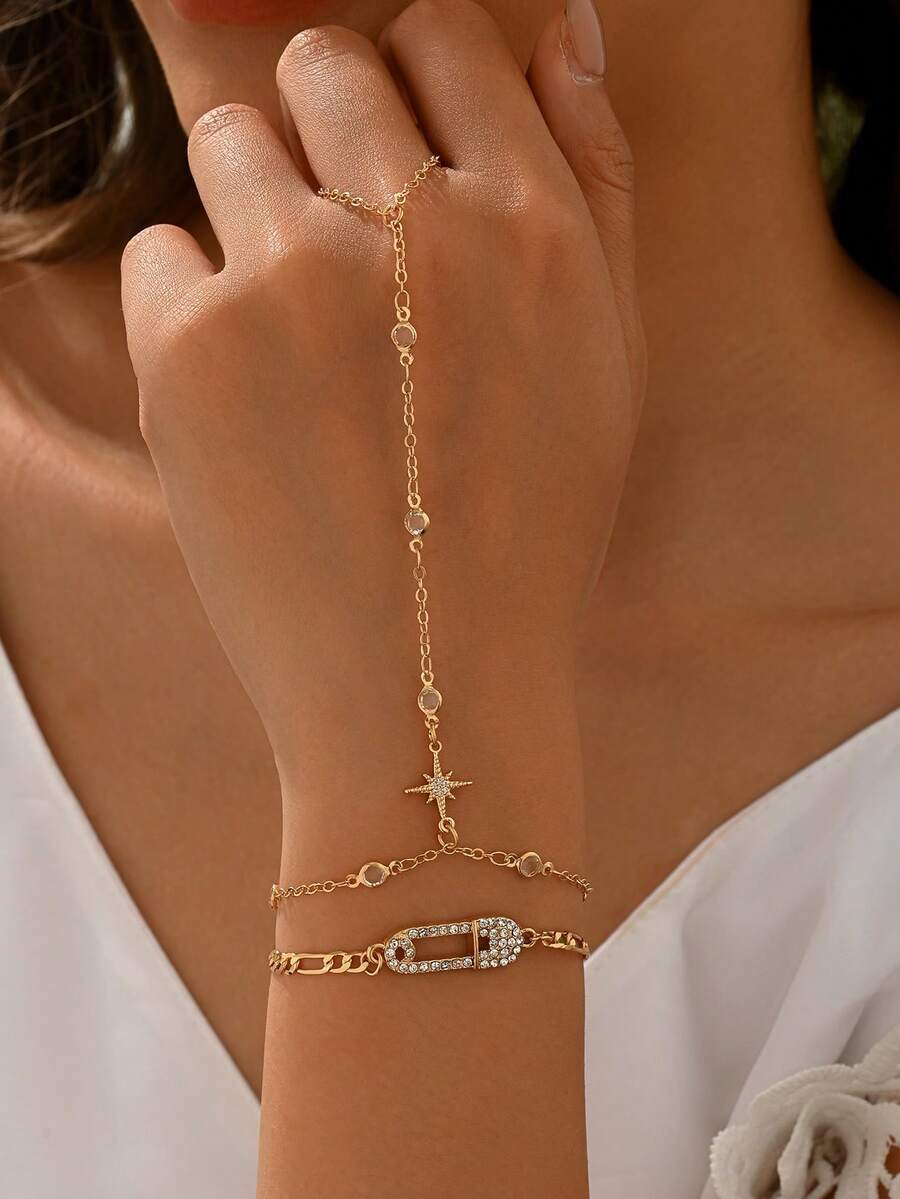 2pcs/Set Minimalist Niche Style Gold Rhinestone Hexagram Hairpin Decor Double-Layer Adjustable Finger Chain Bracelet, Fashionable Versatile Hand Jewelry Suitable For Daily Wear And Party Occasions - Multicolor - View 1