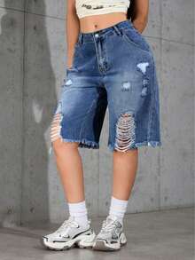 Washed Ombre Distressed Loose Denim Shorts, Casual Summer ,Petite Women - Blue - View 4