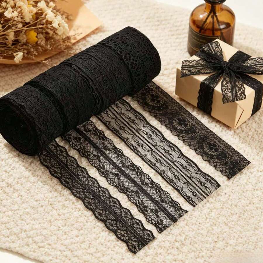 Bộ 6 cuộn ruy băng ren đen 10m, ren thêu hoa, dùng để may vá, làm đồ thủ công DIY, trang trí đồ lót phong cách Gothic, gói quà, phụ kiện vải. - A-Đen - Xem 1