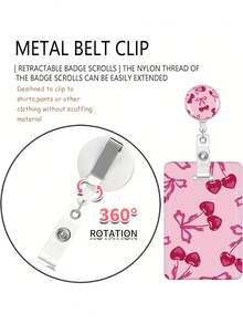 1个2D时尚可调节ID证件卡扣 - 樱桃图案设计，耐用塑料材质，粉色，适用于护士和医生办公室专业人员，专业配件，工作场所身份识别，装饰，牢固连接，结构坚固 - 彩色 - View 4