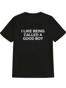 Funny Men's T-Shirt "I Like Being Called A Good Boy" - Black Short Sleeve, Crew Neck, Casual With White Text, Comfortable Fit For All Seasons, Ideal For Spring, Summer And Autumn, Versatile Slogan T-Shirt, Playful Graphic, Comfortable Fit For Everyday Wear - 黑色 - 查看 1
