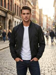 Men's Spring And Autumn Jacket, Zip-Up Jacket With High Collar, Classic And Simple Jacket, Gift For Friends, Husband, Boyfriend. - Black - View 2
