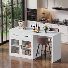AYYDS 2-In-1 Kitchen Island, Marble Look, With EU Socket & Storage Space – Freestanding Buffet/Breakfast Table For Kitchen/Dining Room - Black - View 7