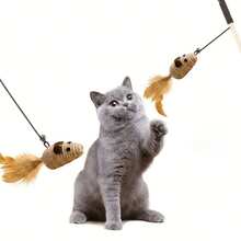 1Pc/2Pcs Random Style Interactive Cat Wand Toy With Feather & Bell - Sisal Mouse/Ball Design, Wooden Stick Teaser For Kitten Play & Exercise - Multicolor - View 6