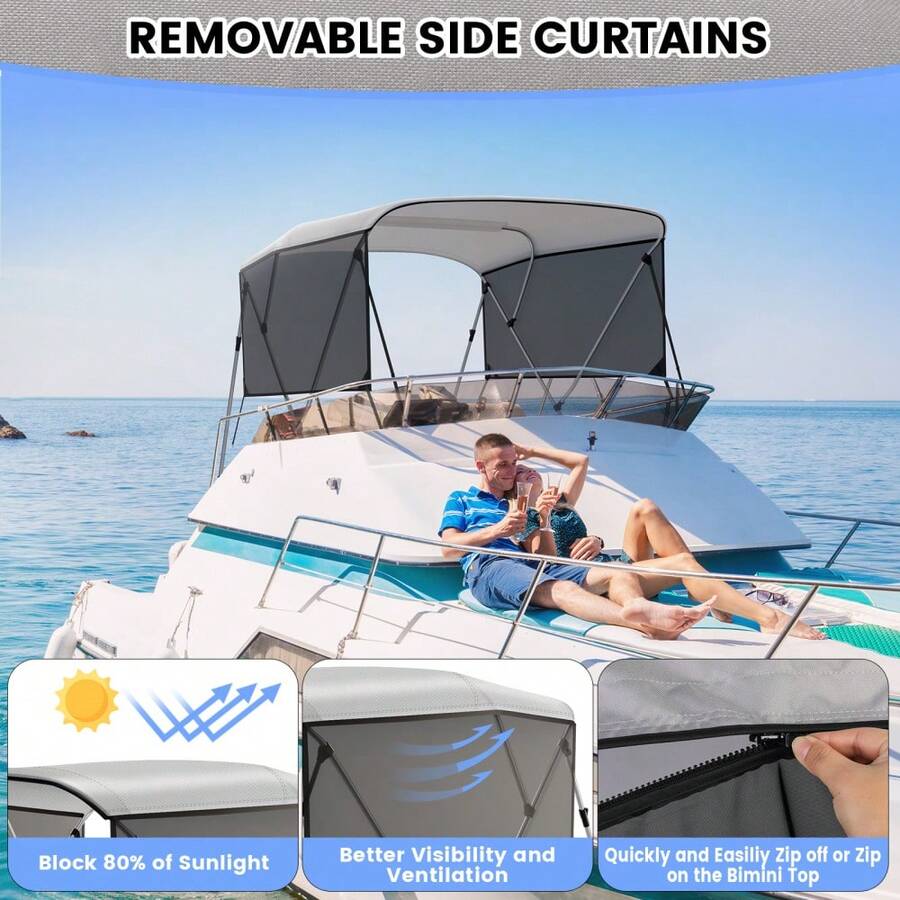 6'L*46"H*61"-66"W,3 Bow Bimini Tops For Boat,Boat Canopy With 2 Removable Side Curtains, 4 Adjustable Windproof Ropes, Marine Grade Canvas For Sun Protection, 1" Aluminum Frame - B - View 1