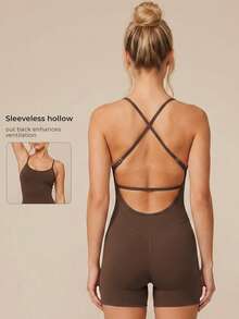 Women's One-Piece Backless Yoga Jumpsuit, Adjustable Criss-Cross Back, Tummy Control, Slimming, Short Athletic Jumpsuit Sports - Coffee Brown - View 3