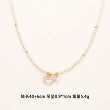Delicate Oriental Lock Pendant Necklace, Copper-Based Gold Tone With Pearl Chain & Cubic Zirconia, Elegant Choker For Daily & Occasions - 金色 - 查看 2