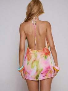 Vestido con escote halter, cuello en V, estampado floral, detalle de drapeado, ajuste holgado. Elegante, lindo,, bohemio, para primavera, verano, vacaciones, bodas, fiestas en la playa, festivales y talla. - Verde - Ver 7