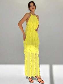 Vestido elegante sin espalda con volantes y capas, estilo de diosa grácil, adecuado para vacaciones, primavera/verano - Amarillo - Ver 5