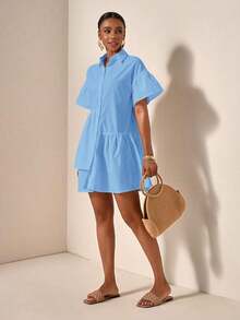 bfdbZivah Vestido de vacaciones de manga corta con volantes en el bajo y botones delanteros de unicolor, para veranosfb x WBBE - Celeste - Ver 8