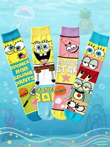 SpongeBob SquarePants 4雙女款襪子，多色方格圖案與船襪，滿版卡通印花，彈性襪口，聚酯纖維面料，透氣柔軟舒適，趣味街頭風，女襪，女絲襪，適合春季日常休閒與居家使用 - 彩色 - 查看 2