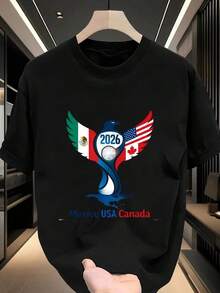 Women's Short-Sleeved, Crew-Neck T-Shirt With A Loose-Fitting Print Featuring An Eagle And The 2026 World Cup Ball, Inspired By The Flags. A Casual, Sporty Top, Perfect As A Basic Blouse For Everyday Outfits. A Versatile Garment In The Women's Clothing And Women's Activewear Categories. Suitable For Spring, Summer, And Autumn. - 黑色 - 查看 7
