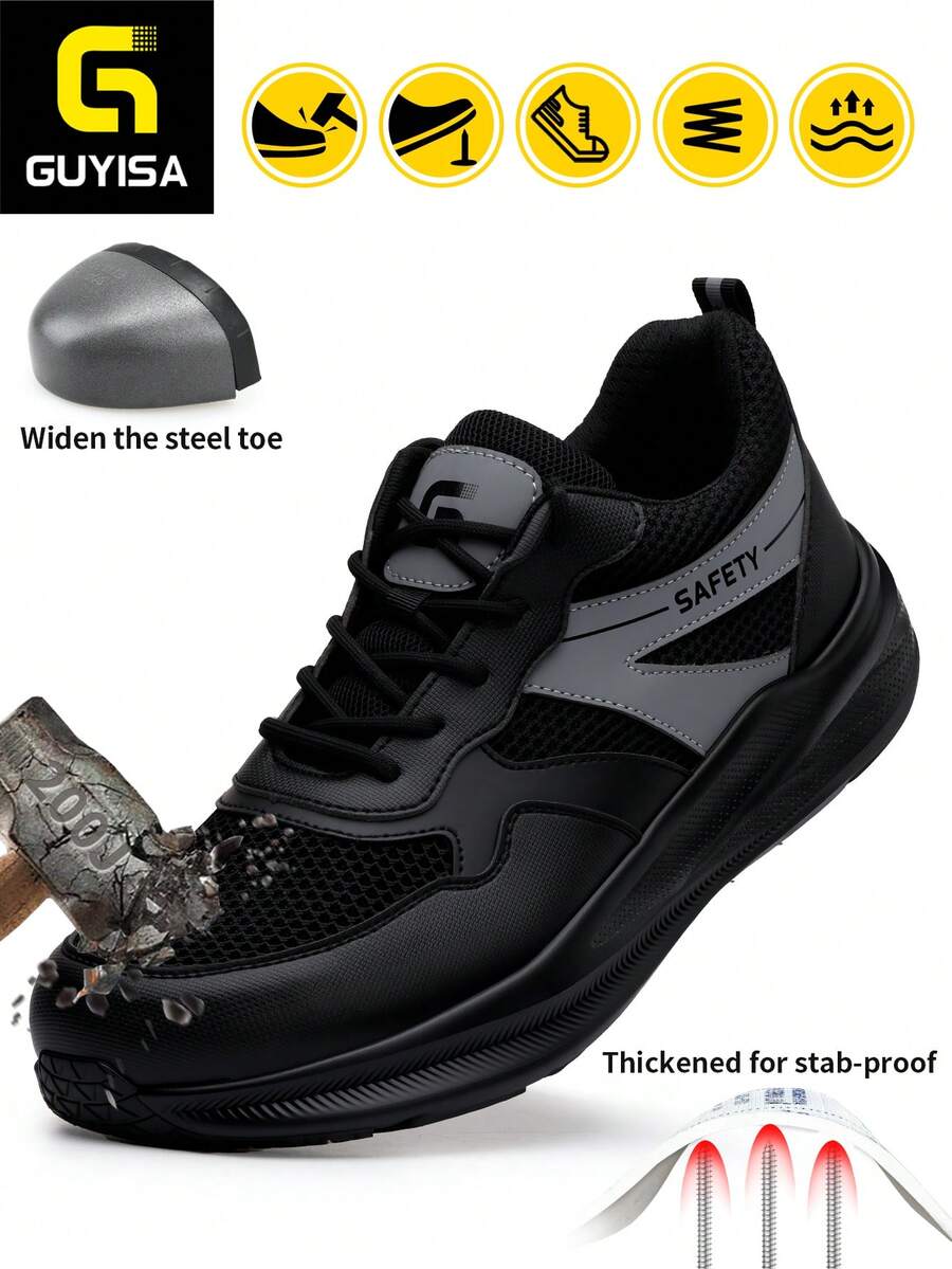 Men's Professional Anti-Smash Anti-Puncture Safety Shoes, Wide Fit For Wide Feet, Sports Series Rubber Sole Lightweight And Stylish, Suitable For All Seasons - Black - View 1