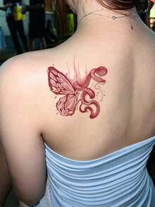 1 Tattoo Sticker - Red-Toned Dark-Pointed Snake And Butterfly Flame Personalized Square Tattoo Design, Temporary Tattoo Sticker, Washable PVC One-Time Use, Waterproof And Sweat-Proof For Hands, Arms, Waist, Abdomen, Back, Legs, No Reflective Effect, Realistic Tattoo Design, Suitable For Travel, Music Festivals, Games, Graduation Gifts, Daily Use. For 3-5 Days. - Red - View 3