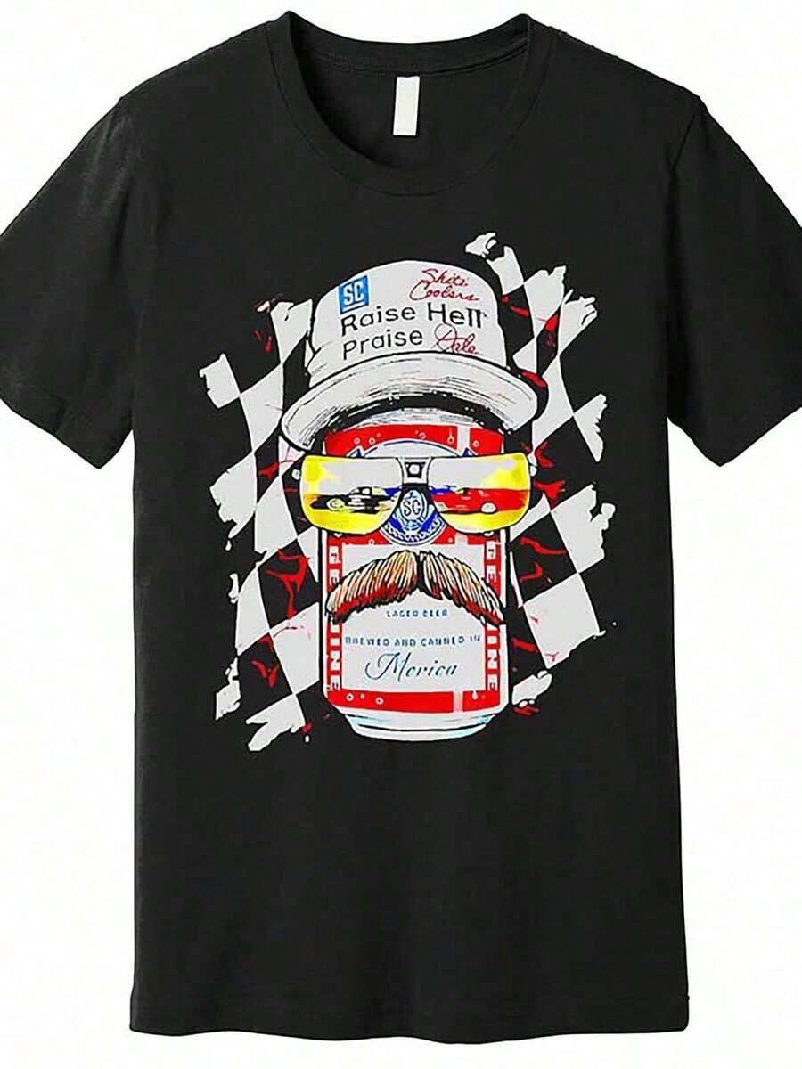 Raise Praise Dale Men's Vintage Inspired Graphic T-Shirt - Fun Racing Themed Beer Drink Design, Black Cotton Short Sleeve Casual Wear Beer Tee - 黑色 - 查看 1