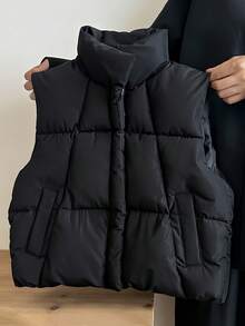 1pc Tween Girl Solid Color Zipper Front Vest Winter Coat, Suitable For Outdoor Play And Home Wear In Autumn/Winter - Black - View 6