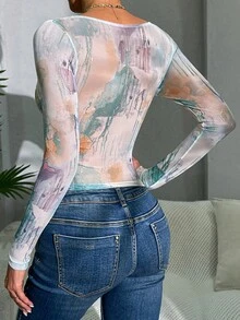 女士水彩印花透视网纱长袖露脐上衣，腰部系带 - 彩色 - 查看 6